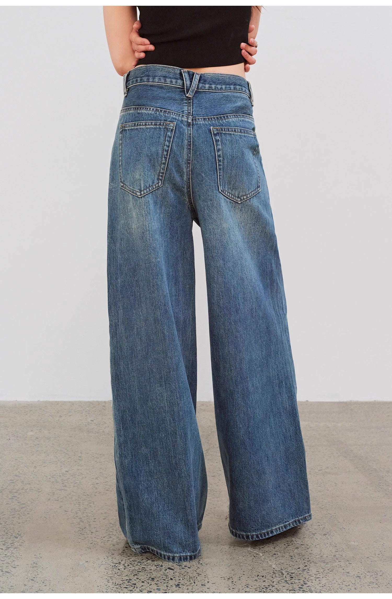 "Silent Deep Sea"Washed Vintage Blue Straight-leg Workwear Jeans for Women, Loose Wide-leg High-waisted Pants