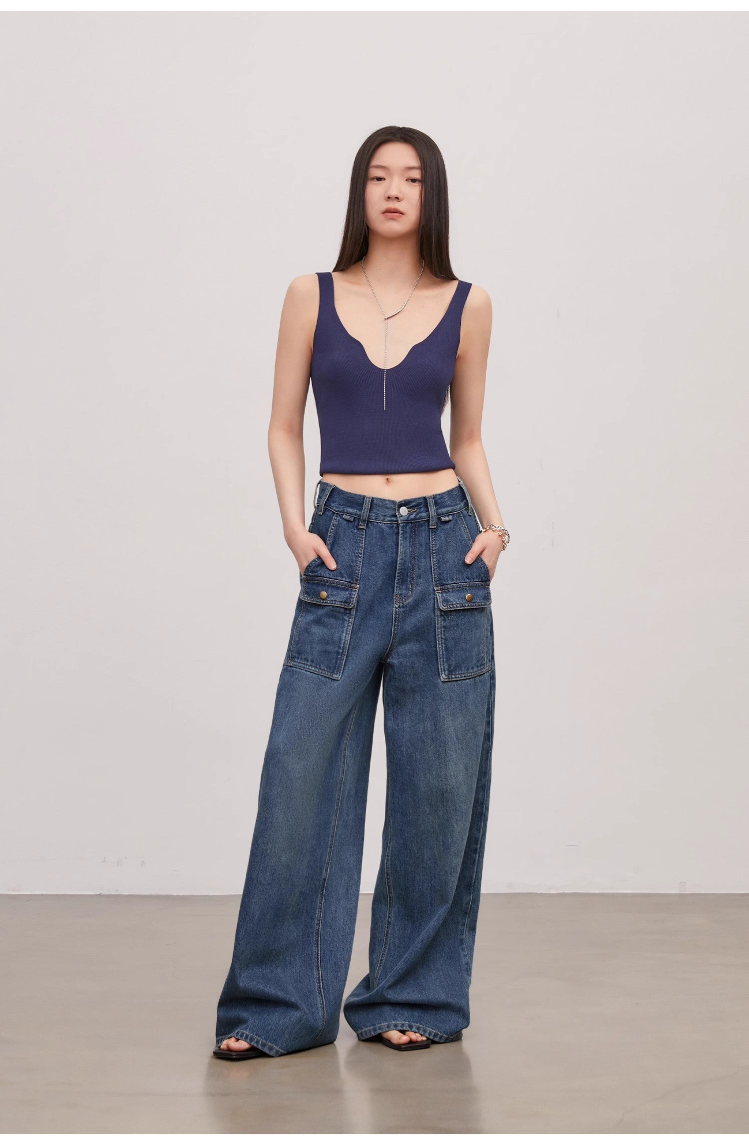 "Silent Deep Sea"Washed Vintage Blue Straight-leg Workwear Jeans for Women, Loose Wide-leg High-waisted Pants